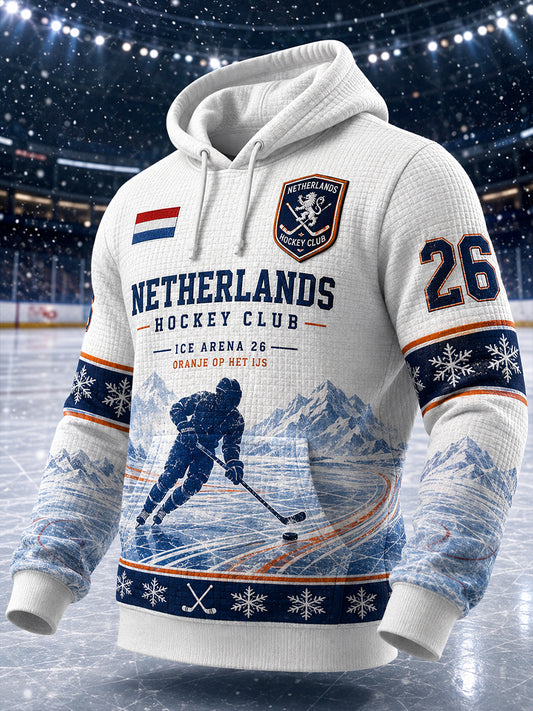 Heren wafel-gebreide hoodie met lange mouwen en print met ijshockey-thema