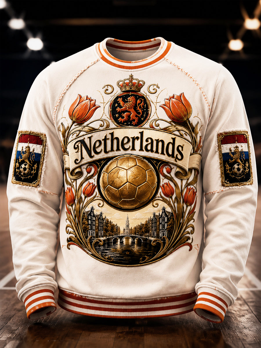 Herenvintage beige T-shirt met lange mouwen en voetbalprint