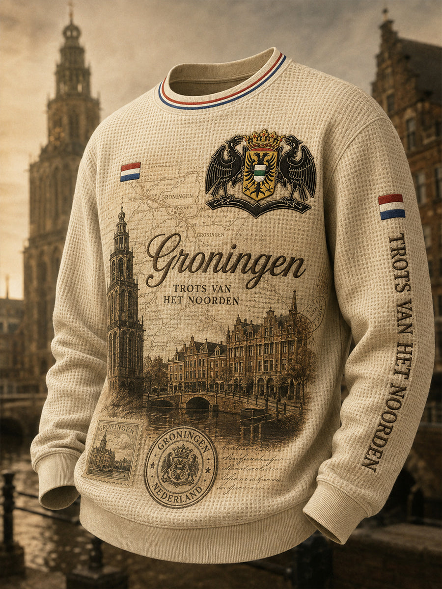 Herenhemd van wafelbreiwerk met lange mouwen en grafische stadscommemoratieprint