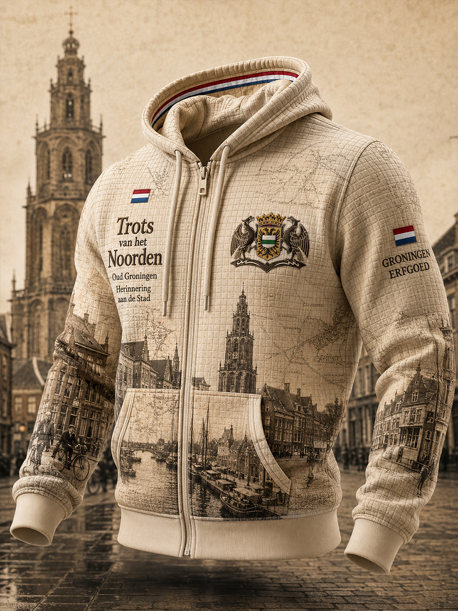 Wafelgebreide herenhoodie met lange mouwen en rits, voorzien van een print in urban souvenirstijl