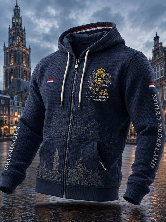 Wafelgebreide herenhoodie met lange mouwen en rits, voorzien van een print in urban souvenirstijl