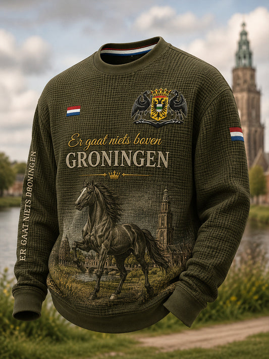 Herenhemd van wafelbreiwerk met lange mouwen en grafische stadscommemoratieprint