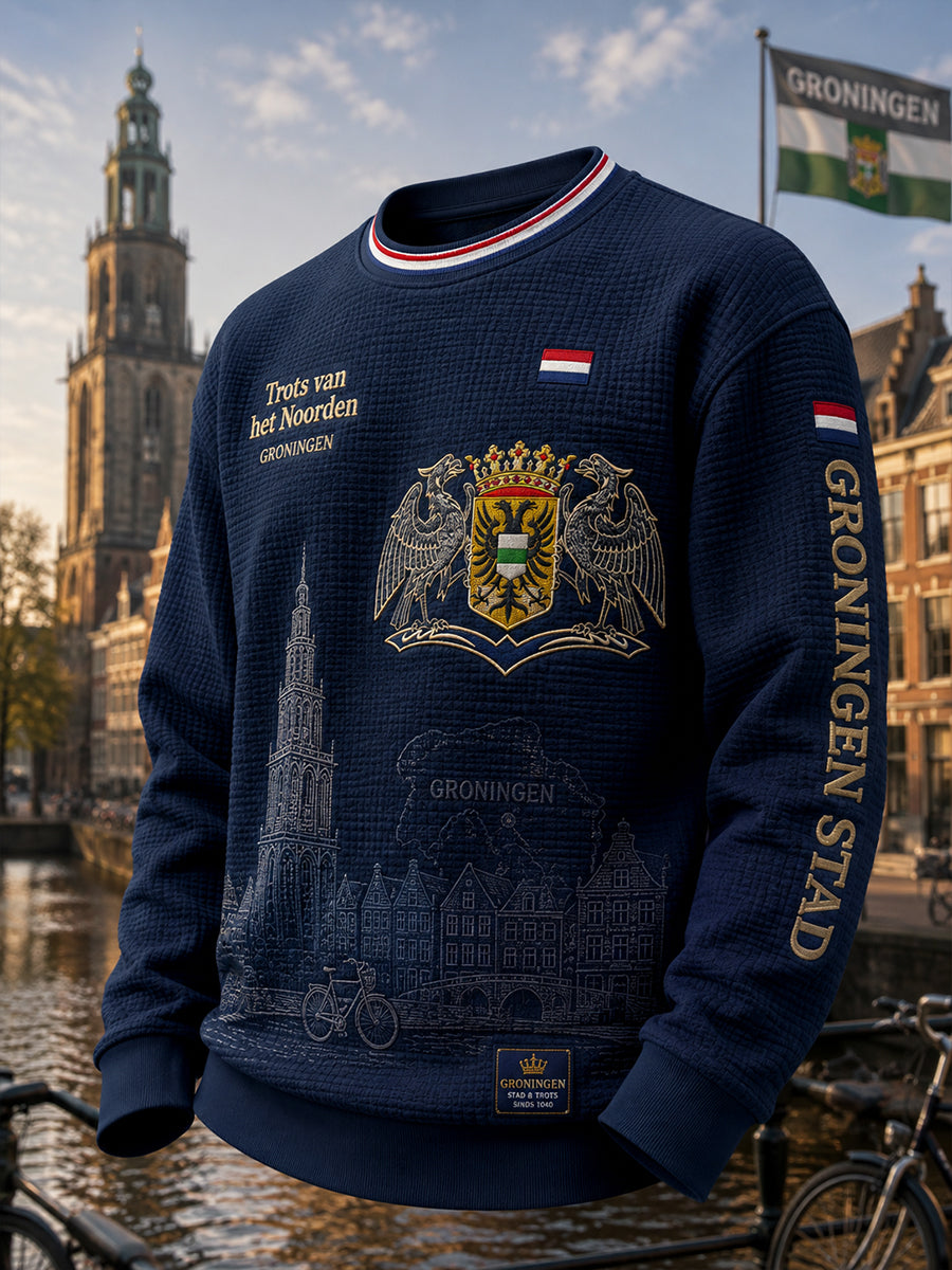 Herenhemd van wafelbreiwerk met lange mouwen en grafische stadscommemoratieprint