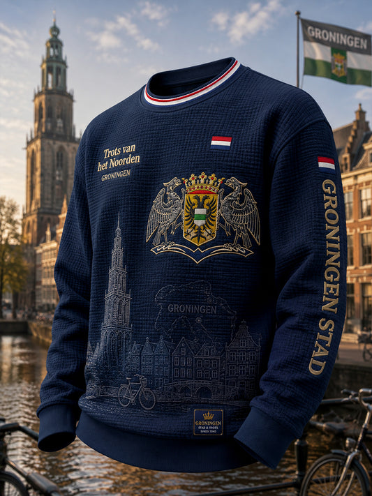 Herenhemd van wafelbreiwerk met lange mouwen en grafische stadscommemoratieprint