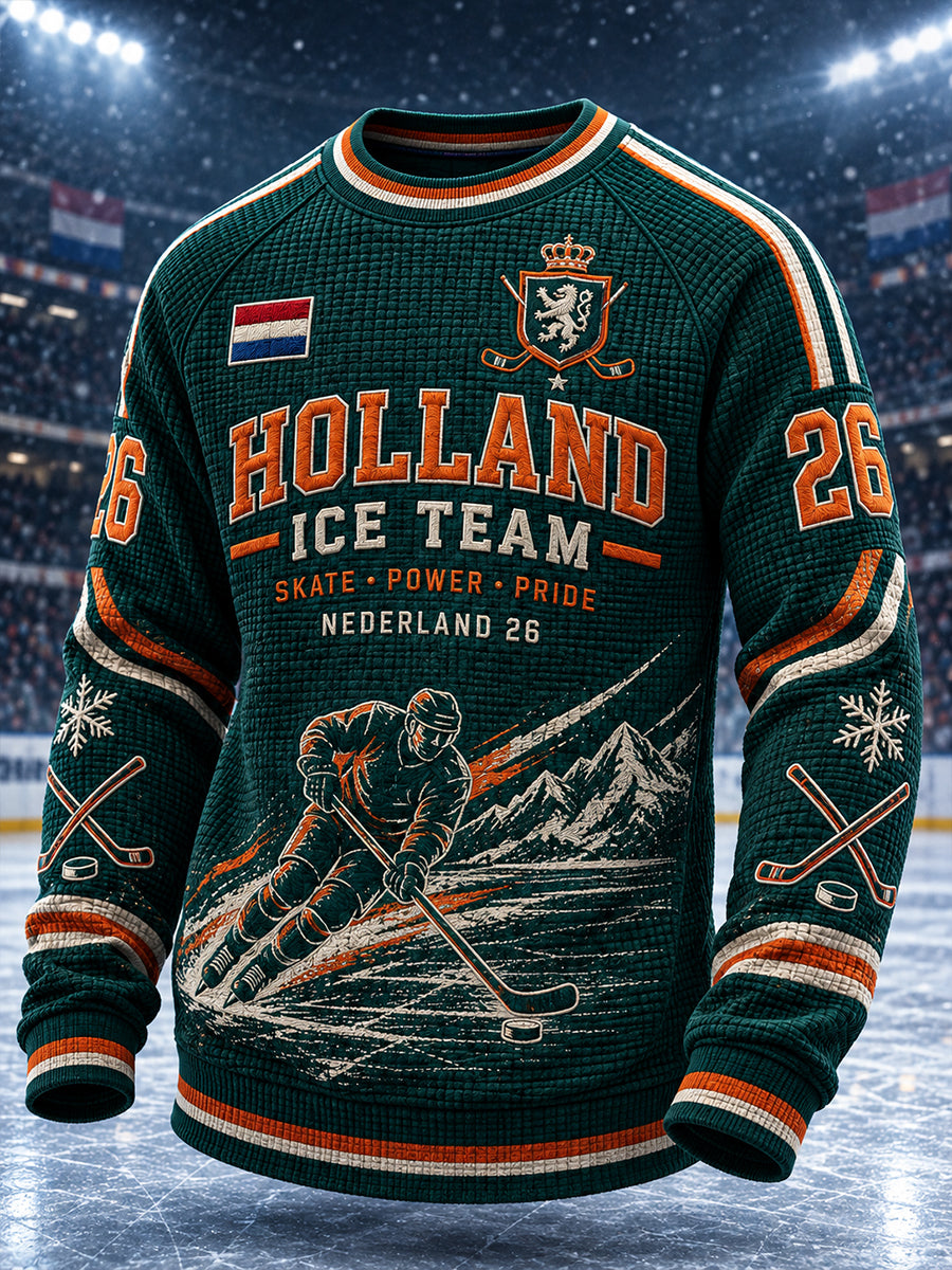 Heren T-shirt van wafelbreiwerk met lange mouwen en raglanmouwen, voorzien van een print met ijshockeythema