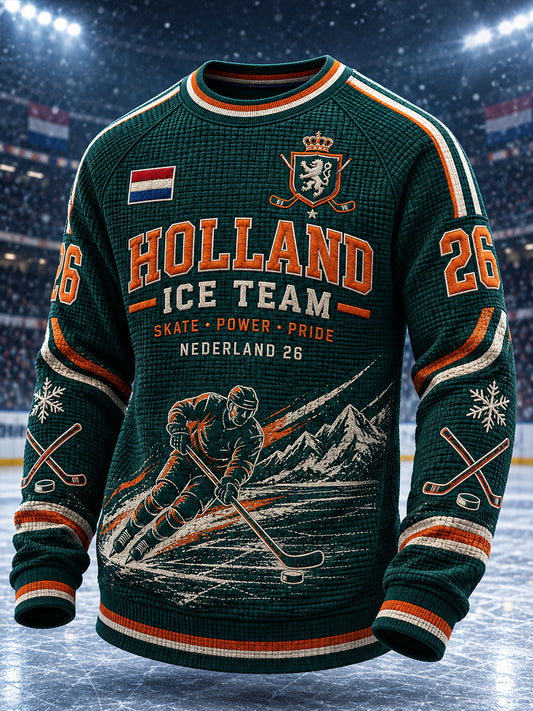 Heren T-shirt van wafelbreiwerk met lange mouwen en raglanmouwen, voorzien van een print met ijshockeythema