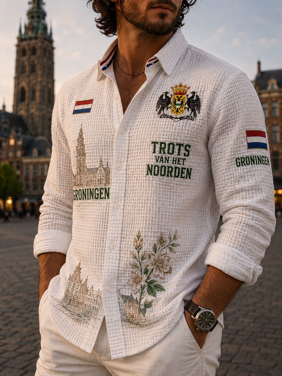 Herenoverhemd met stadsprint, lange mouwen en wafelpatroon
