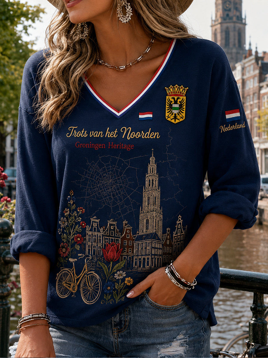 Dames-T-shirt met V-hals en lange mouwen, voorzien van een herdenkingsprint met stadsmotief