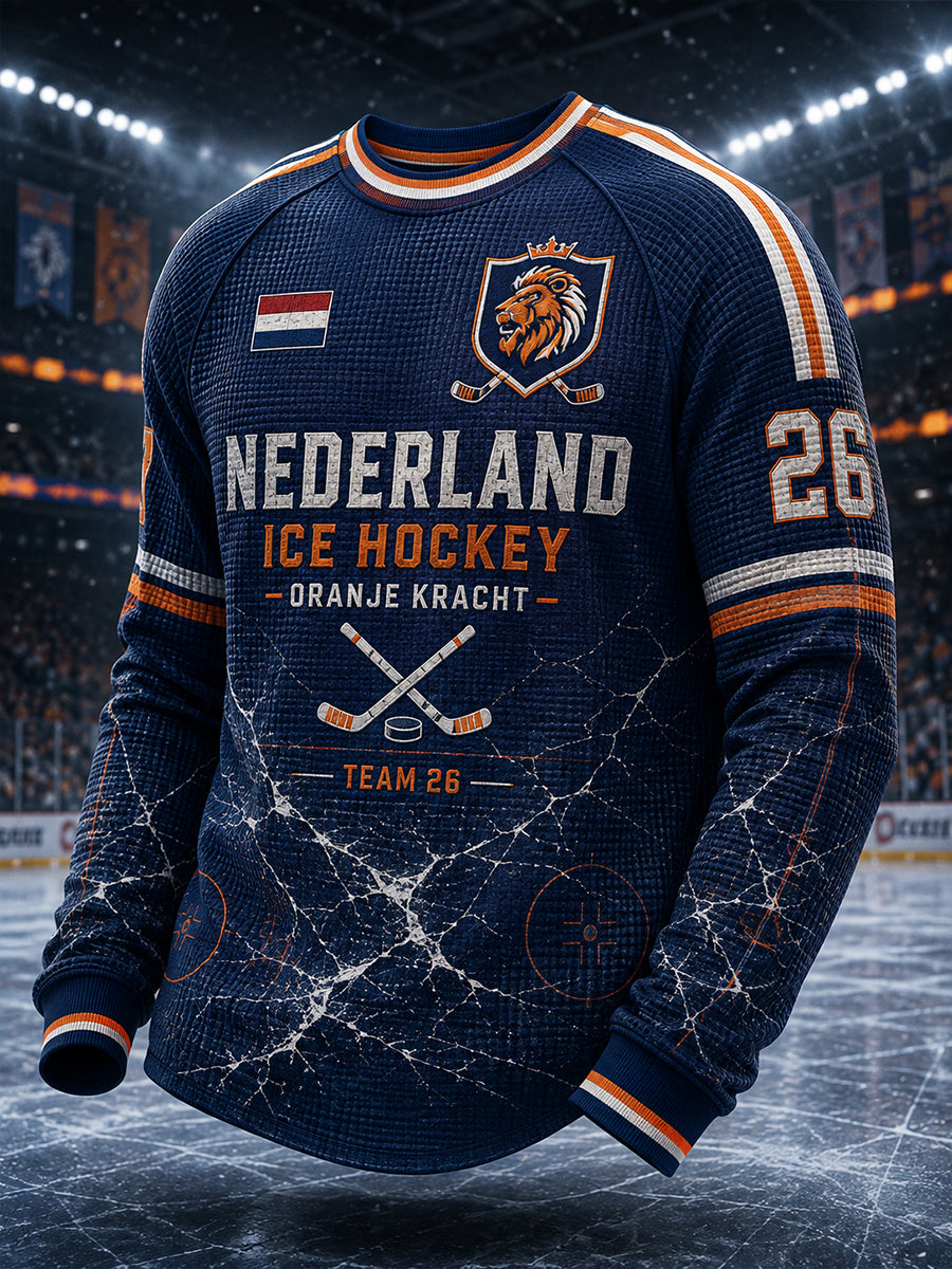 Heren wafel-gebreide lange mouw Raglan T-shirt met hockey-thema print