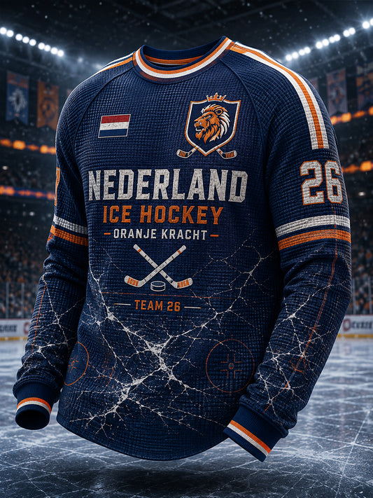 Heren wafel-gebreide lange mouw Raglan T-shirt met hockey-thema print