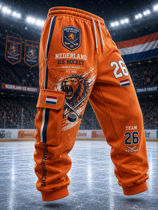 Atletische broek met herenprint geïnspireerd op ijshockey