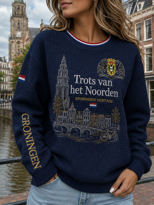 Damesstad-herinnering grafisch wafelgebreid longsleeve sweatshirt