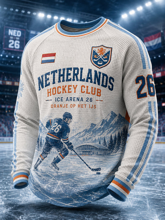 Heren T-shirt van wafelbreiwerk met lange mouwen en raglanmouwen, voorzien van een print met ijshockeythema