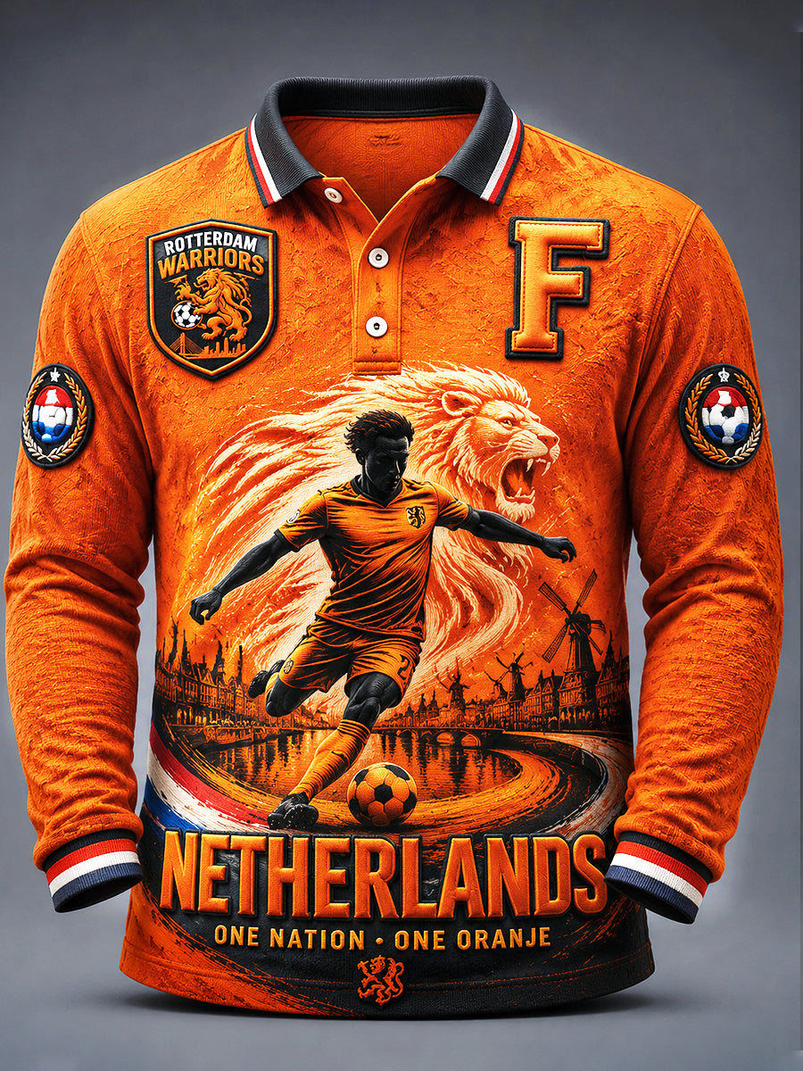 Oranje Feyenoord-voetbalclubpolo met lange mouwen en print voor heren, in vrijetijdsstijl
