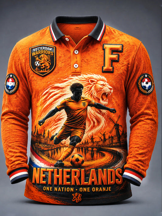 Oranje Feyenoord-voetbalclubpolo met lange mouwen en print voor heren, in vrijetijdsstijl