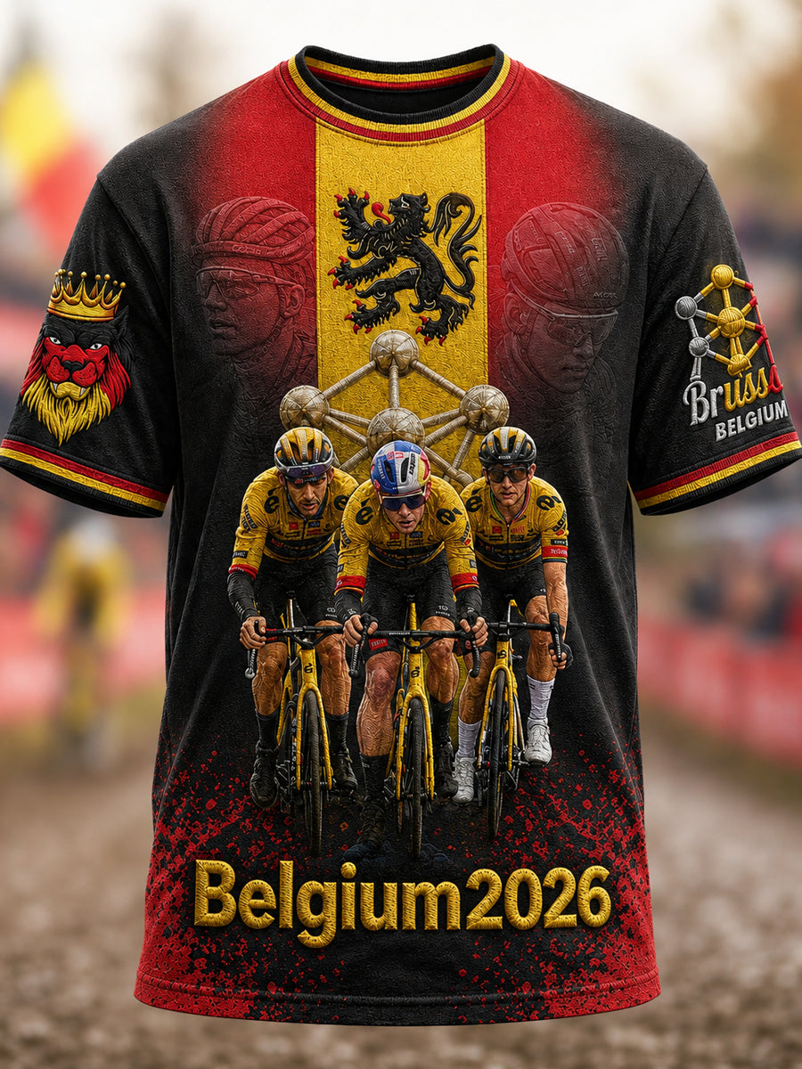 Heren T-shirt in Belgische cyclocrossstijl met print, vintage mode, ruimvallend en korte mouwen