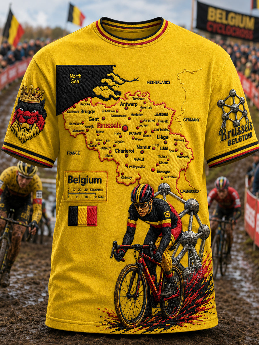 Heren T-shirt in Belgische cyclocrossstijl met print, vintage mode, ruimvallend en korte mouwen