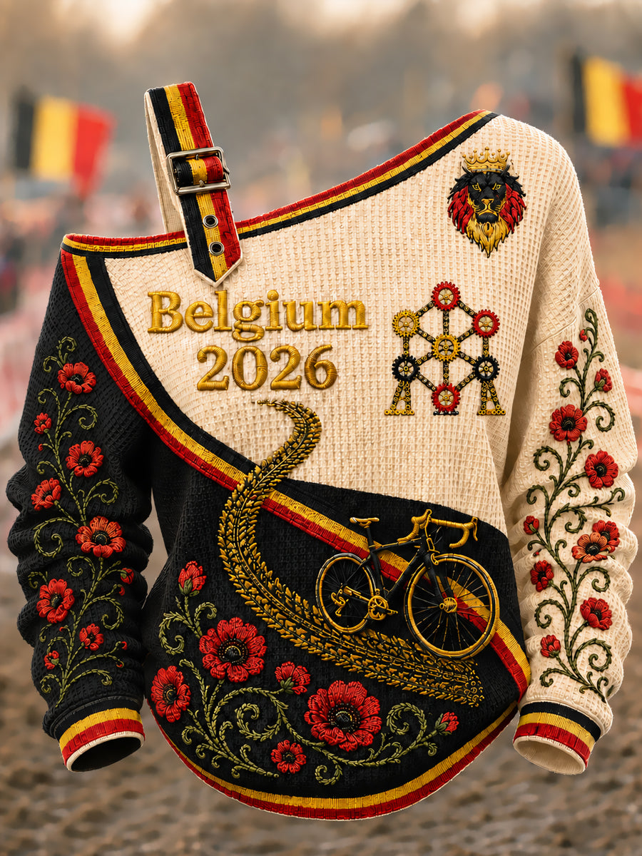 Damescyclocrosssweatshirt uit België met print, één schouder en wafelpatroon, casual stijl