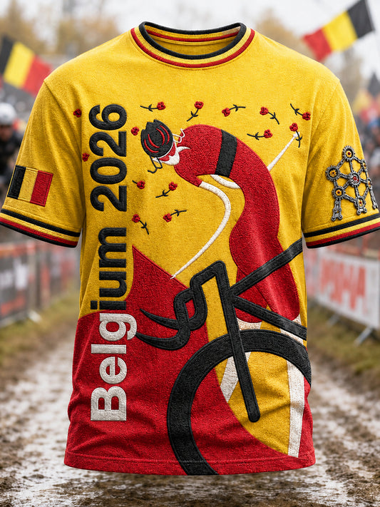 Heren T-shirt in Belgische cyclocrossstijl met print, vintage mode, ruimvallend en korte mouwen