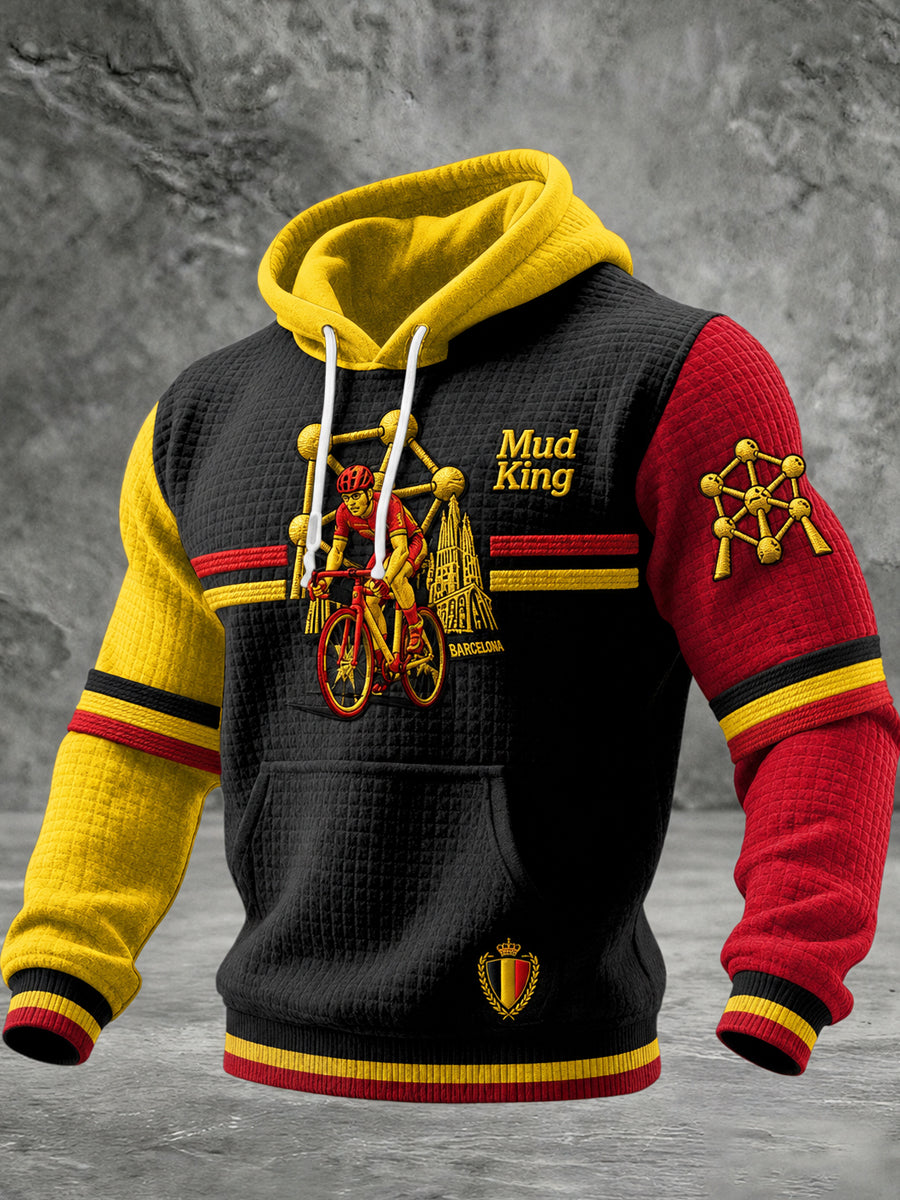 Herenfleecehoodie met Belgische veldritprint en wafelpatroon, lange mouwen en capuchon