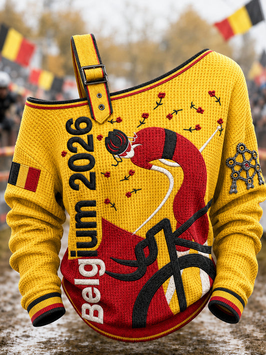 Damescyclocrosssweatshirt uit België met print, één schouder en wafelpatroon, casual stijl