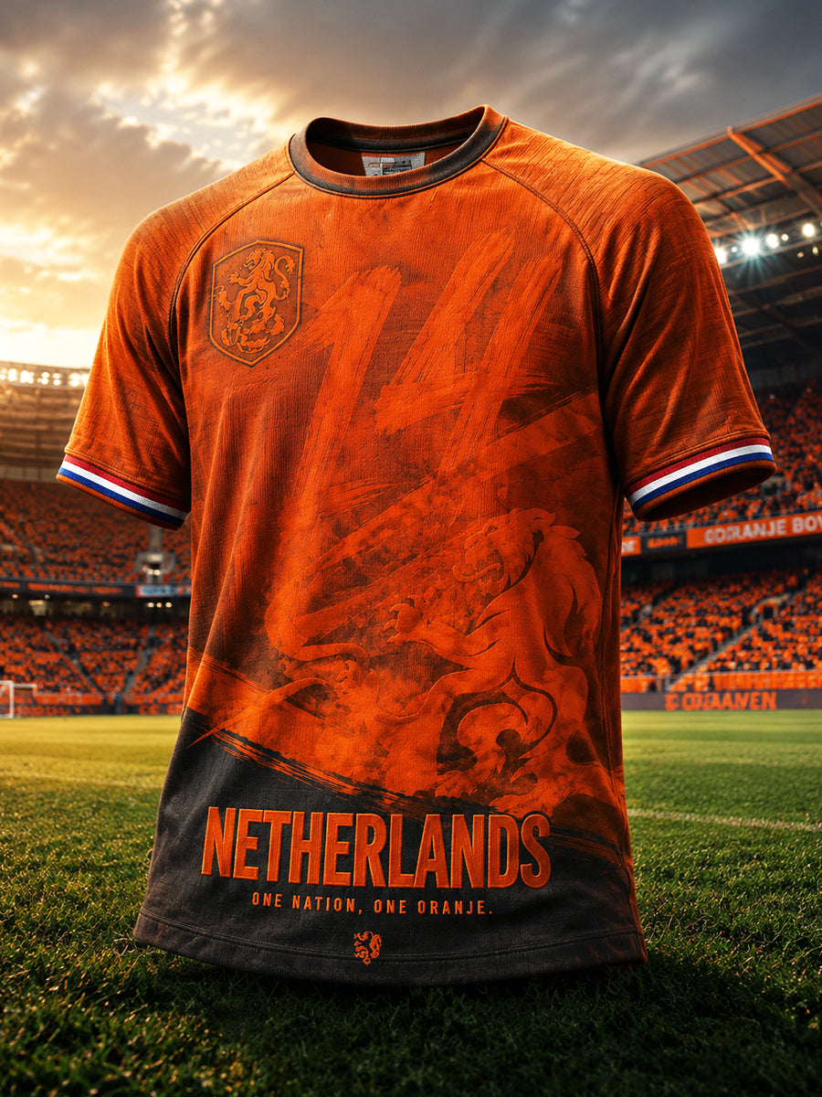 Casual heren-T-shirt met Nederlandse voetbalprint in gradiënt en graffiti-stijl
