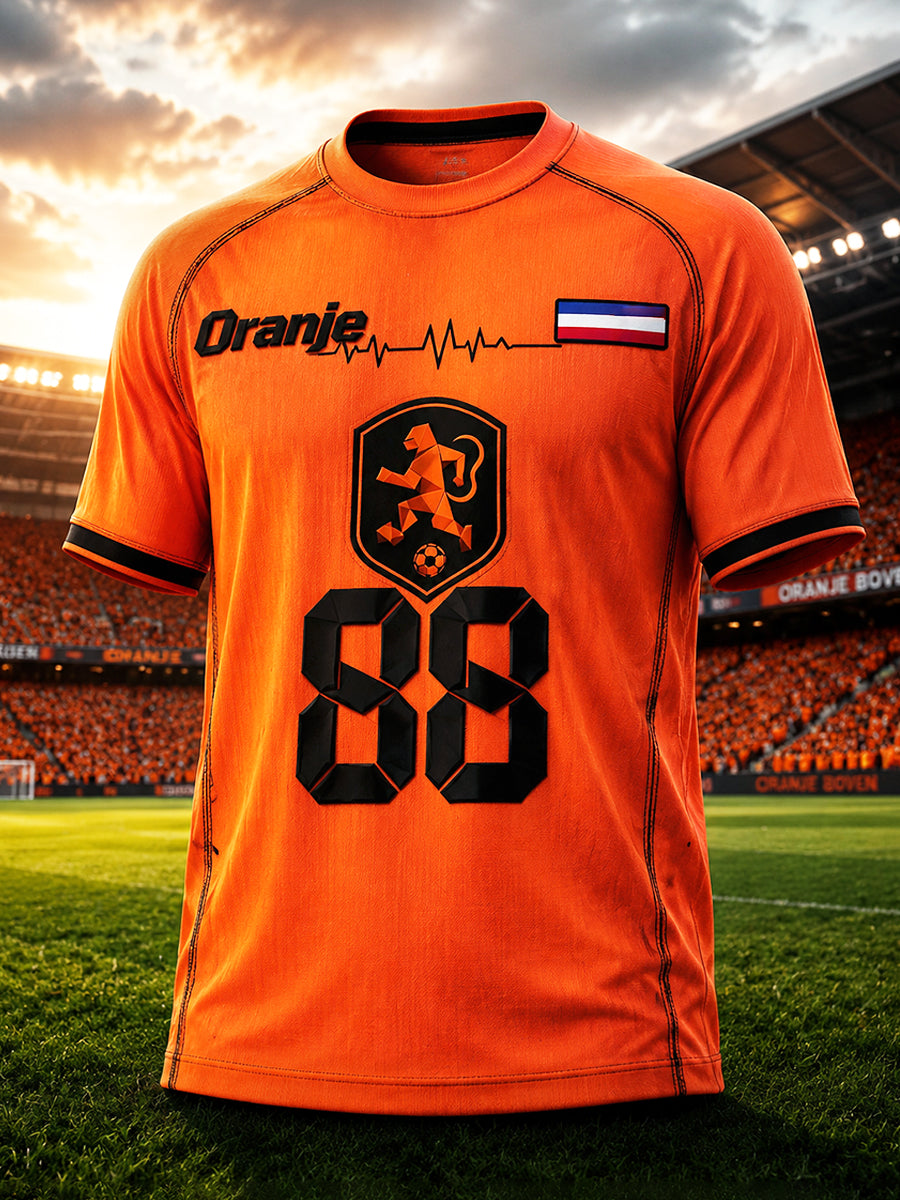 Oranje voetbal‘88’-print casual T-shirt voor heren
