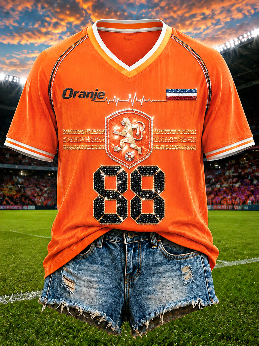 Dames-T-shirt met vetersluiter en v-hals, casual, met paillettenprint, Nederlands voetbalthema