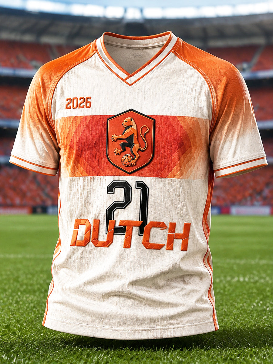 Casual t-shirt met v-hals en kleurverloopprint van Nederlandse voetbal voor heren