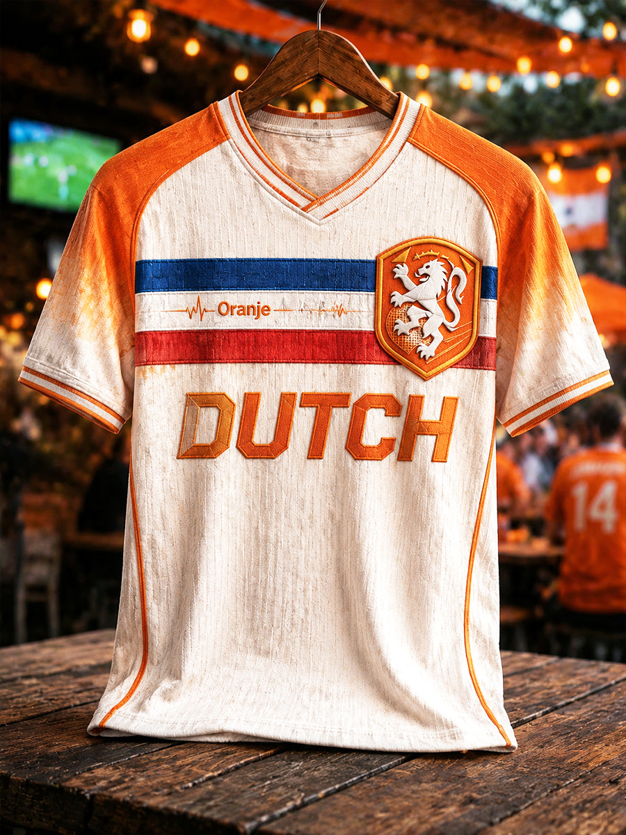 Dames T-shirt met gestreepte print en V-hals, casual, Nederlands voetbalthema