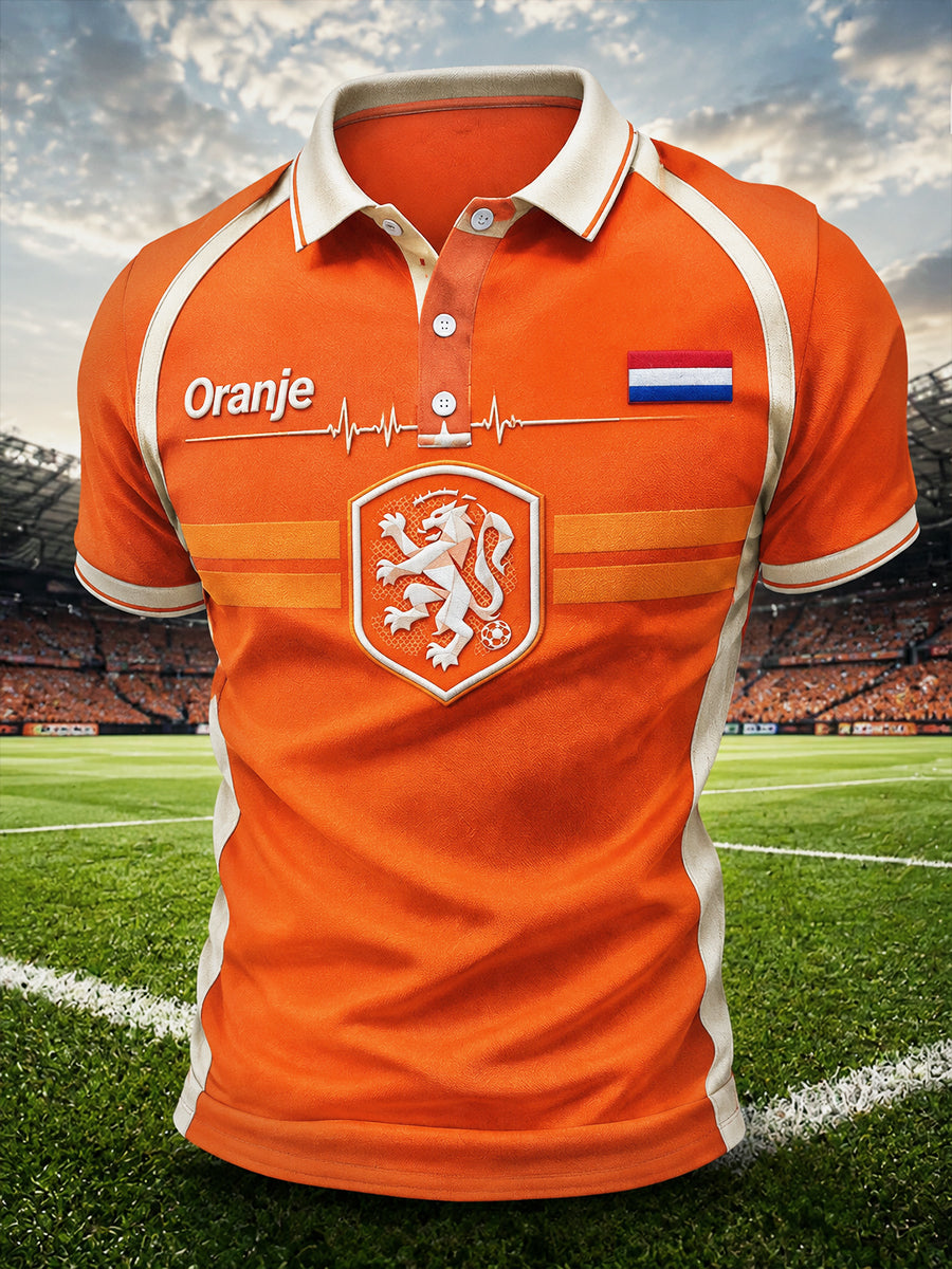 Oranje gestreept casual poloshirt voor heren met Nederlandse voetbalprint