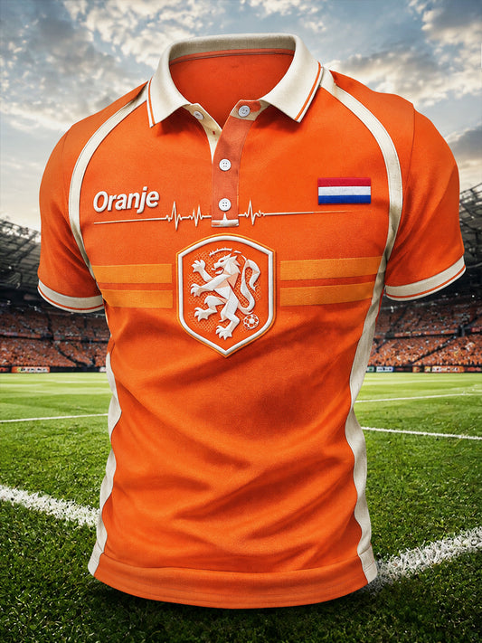 Oranje gestreept casual poloshirt voor heren met Nederlandse voetbalprint
