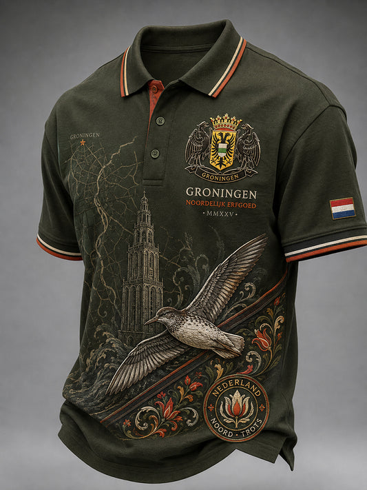 Herenpolo met retro stadsprint en etnisch motief, korte mouwen