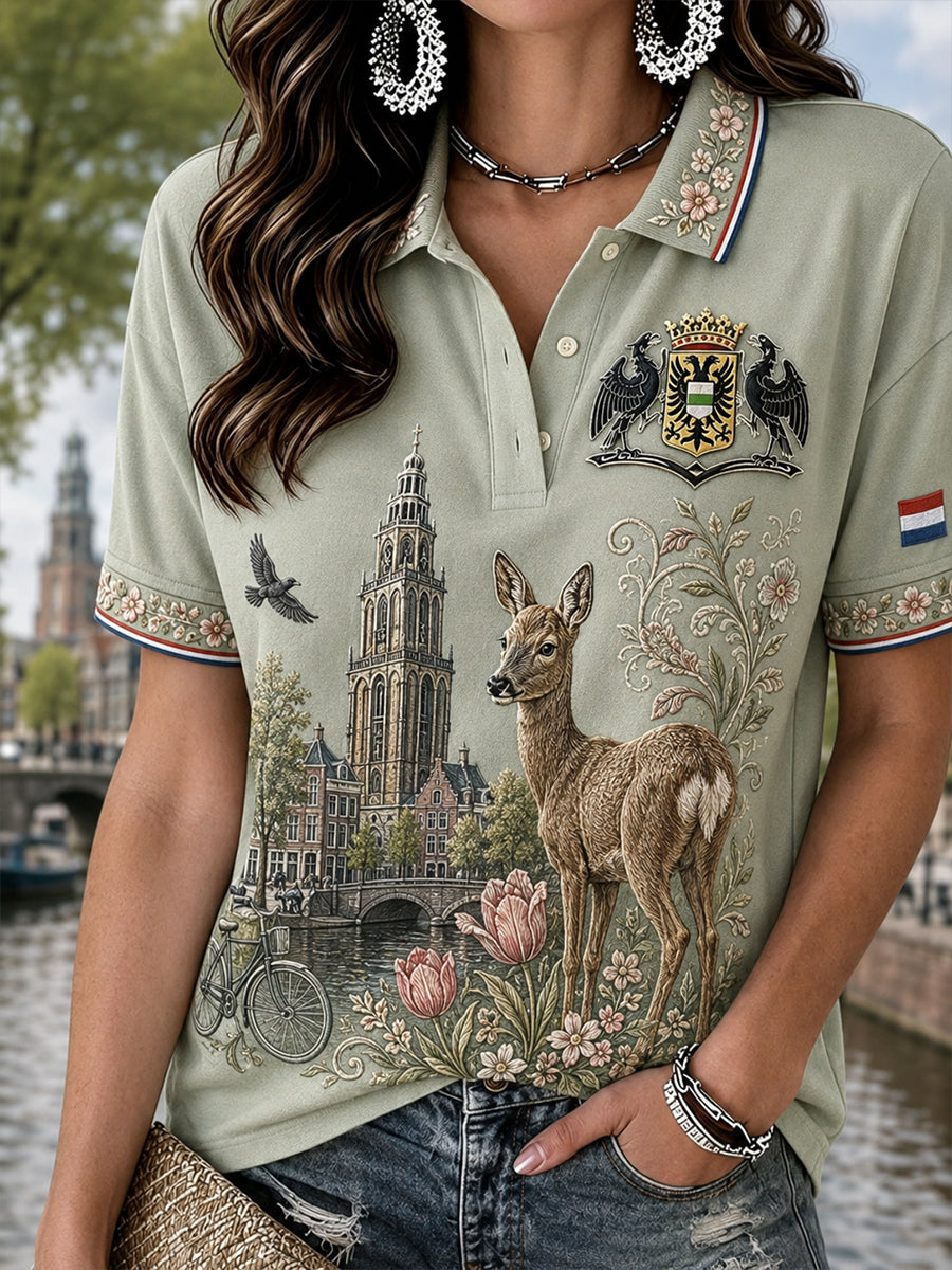 Damespoloshirt met korte mouwen in retro-stijl met stadsprint en etnisch motief