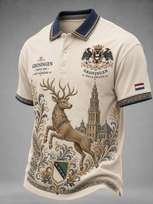 Herenpolo met retro stadsprint en etnisch motief, korte mouwen