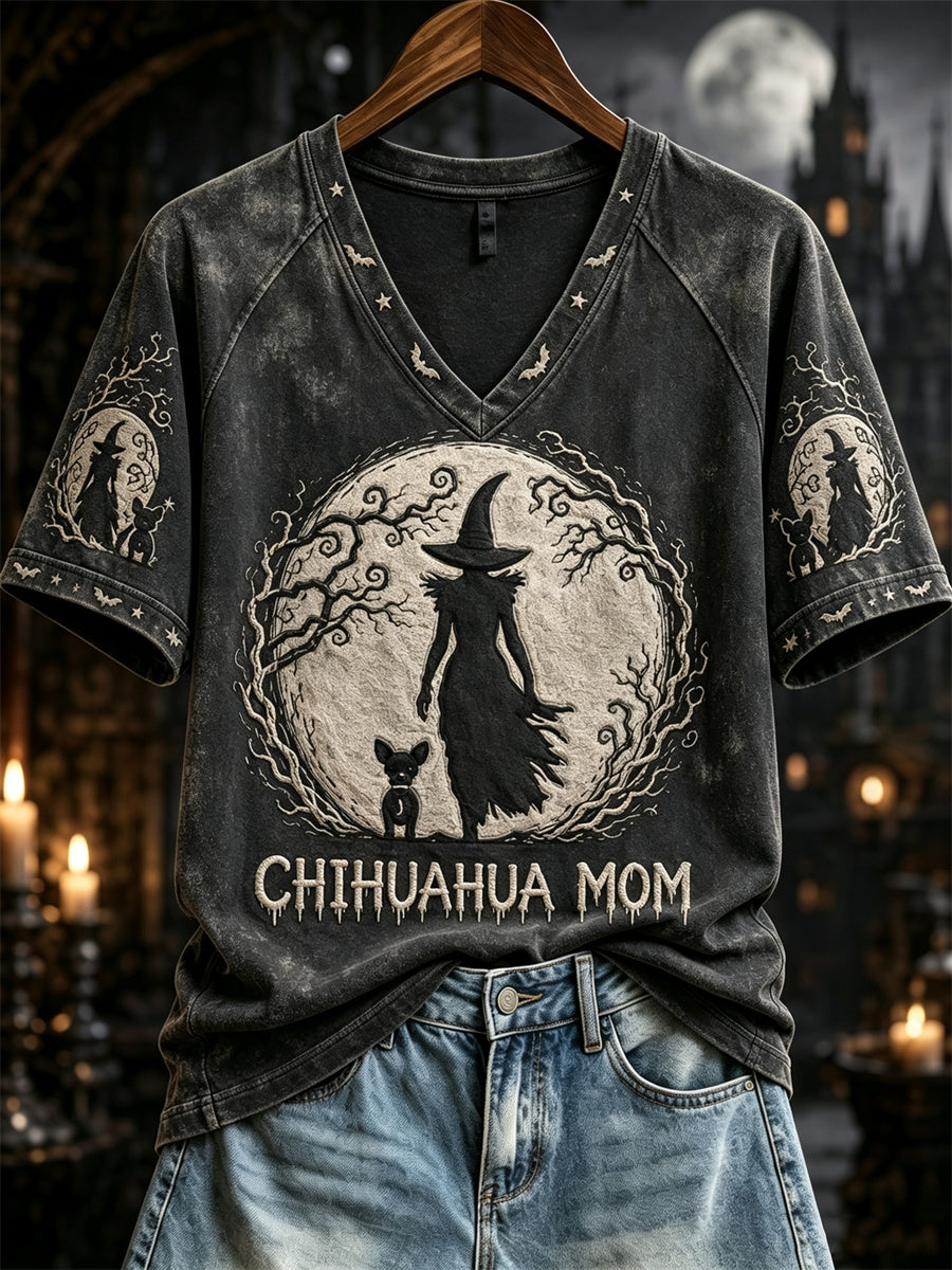 Dames Chihuahua Moeder Halloween Nacht Heks & Chihuahua Hond Print T-shirt met korte mouwen