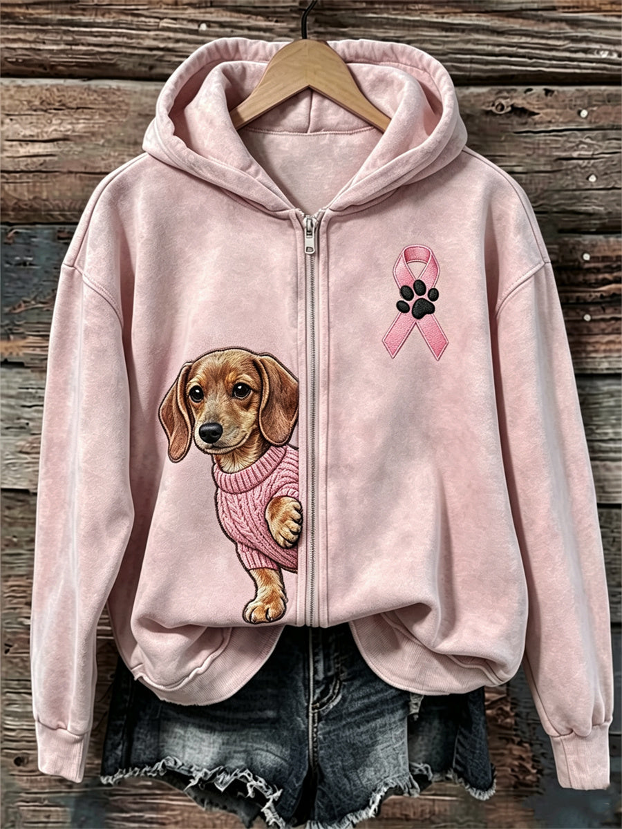 Dames Gluitende Teckel Hond Roze Lint Borstkanker Bewustzijn Volledige rits Hoodie
