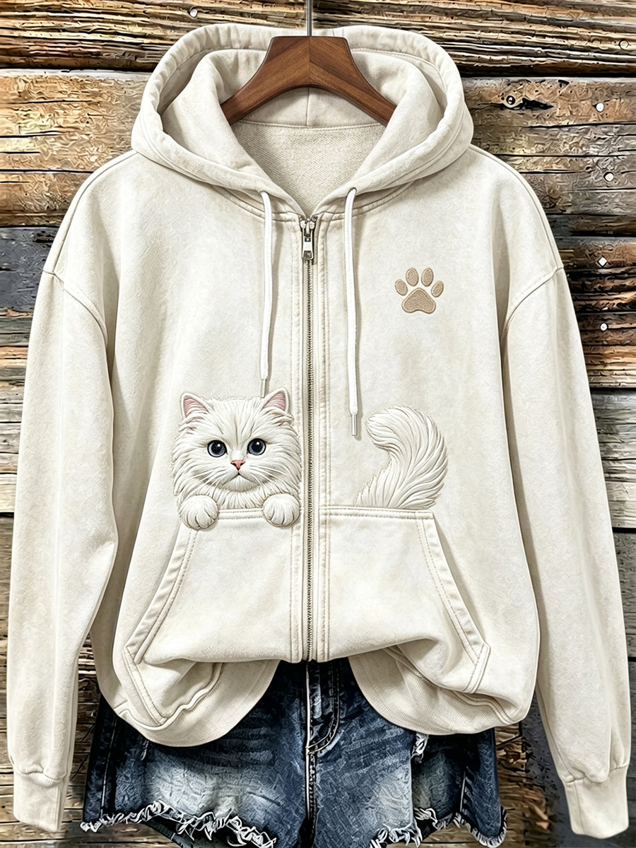 Damesmooie vintage knusse hoodie met katten- en pootafdrukken en ritssluiting