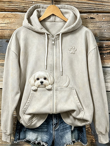 Damesmooie knuffelige Maltezer hond met pootafdrukken, gezellige hoodie met rits