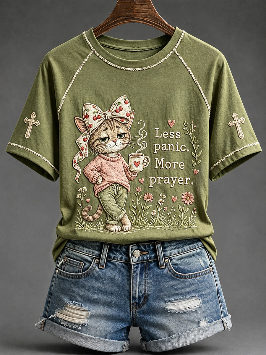 Dames T-shirt met kattenprint, ronde hals en korte mouwen: minder paniek, meer gebed