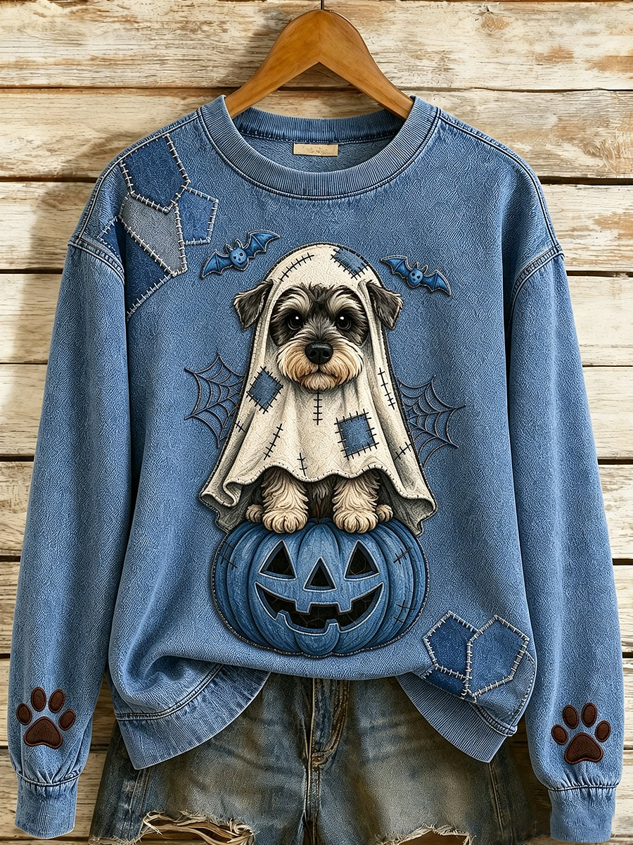 Dameshalloweenmuts met schattige dieren en hond, ronde hals, lange mouwen