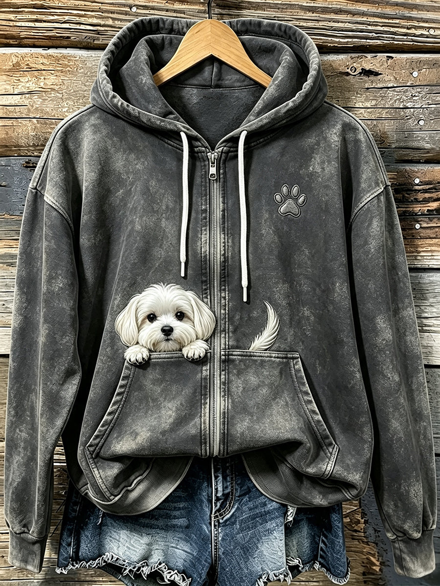 Damesmooie knuffelige Maltezer hond met pootafdrukken, gezellige hoodie met rits