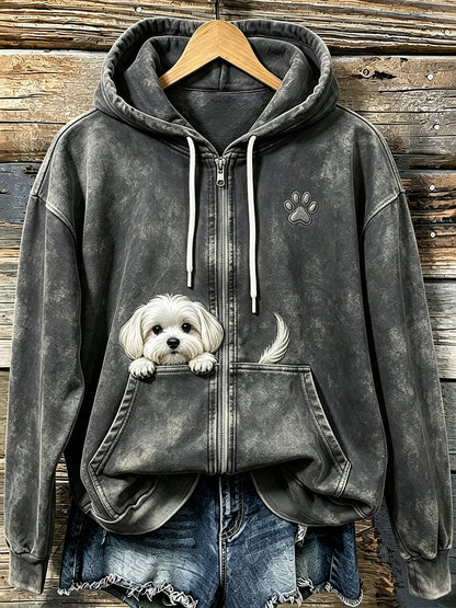 Damesmooie knuffelige Maltezer hond met pootafdrukken, gezellige hoodie met rits