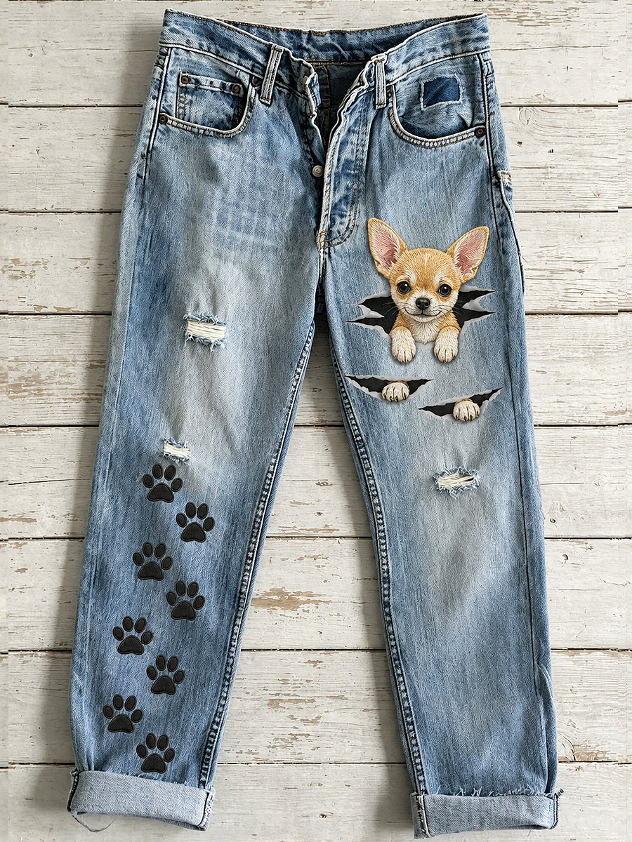 Damesbroek met schattige dieren- en hondenprint, uitlopend model