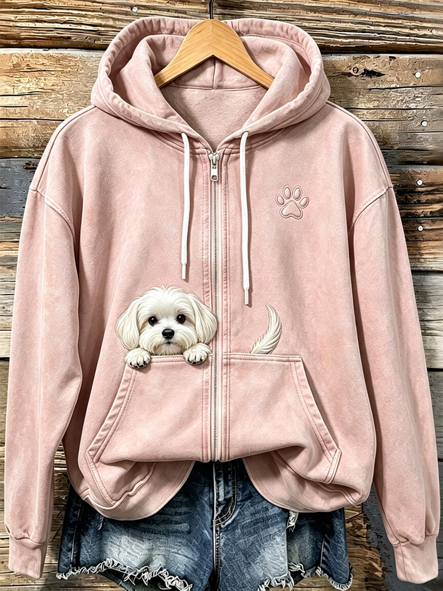 Damesmooie knuffelige Maltezer hond met pootafdrukken, gezellige hoodie met rits