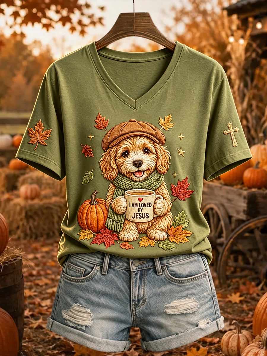 Dames-T-shirt met korte mouwen, print van Jezus houdt van honden en herfstbladeren
