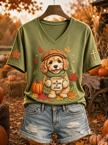 Dames-T-shirt met korte mouwen, print van Jezus houdt van honden en herfstbladeren