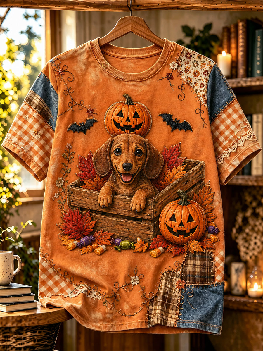 Dames Halloween hond bedrukt vintage mode losse T-shirt met korte mouwen