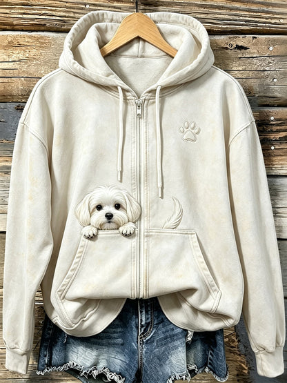 Damesmooie knuffelige Maltezer hond met pootafdrukken, gezellige hoodie met rits