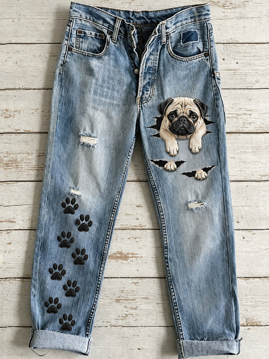 Damesbroek met schattige dieren- en hondenprint, uitlopend model